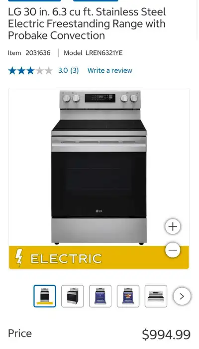 LG 30" 6.3 cu ft stainless steel Electric Range , View more