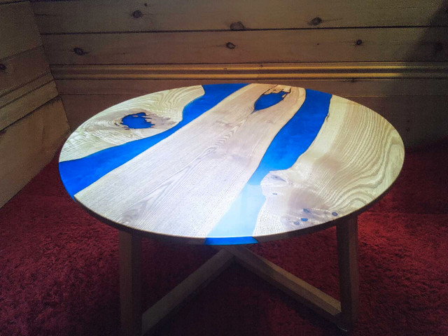30" round Ash coffee table in blue resin in Coffee Tables in Kingston