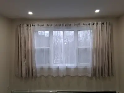 6 piece Curtains and rod, very good condition, professionally hemmed, $25. Width of window, 99.5 inc...