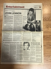 John Lennon The Vancouver Sun Entertainment Section-Dec 9-1980