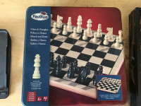 Pavilion Chess & Checkers Board Game Set in a metal box 11”x11”