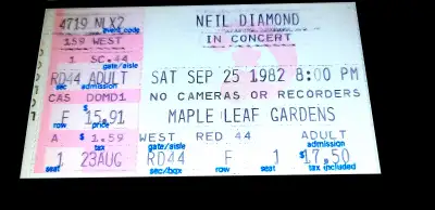 Neil Diamond in concert ticket stub - Maple Leaf Gardens in Toronto Canada - 8pm Sat Sep 25 1982 Com...
