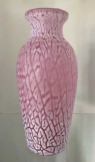 Beautiful 9.75” Pink Art Glass Vase White Crackled Enamel Finish, View more