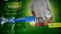 Men's depends, unopened, max absorbancy, two sizes, as priced