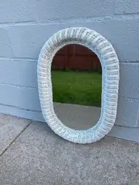 SHABBY CHIC LARGE OVAL WHITE WICKER MIRROR, EXCELLENT