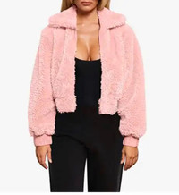 Womens Teddy Cropped Faux Fur Jacket Furry Lapel Coat Zip Up
