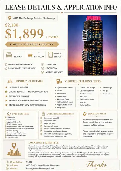 1 Bed 1 Bath Condo for Lease 4015 The Exchange District, Mississauga $1,899/month Beautiful, bright,...