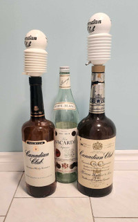Iconic Canadian Club Texas Mickeys and Large Bacardi Bottle