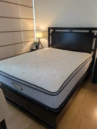 Queen size wood black frame bed with box spring and Mattress, View more