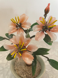 Vintage Small Chinese Pink & Jade Stone Glass Bonsai Flower Tree