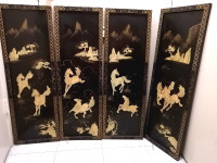 4 Vintage chinese carved abalone shell horses wood boards panel