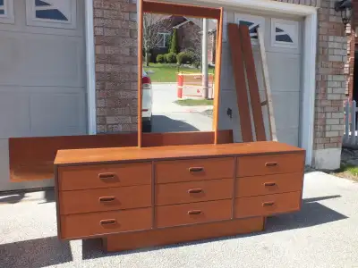TEAK 9 DRAWER LONG DRESSER W MIRROR, View more