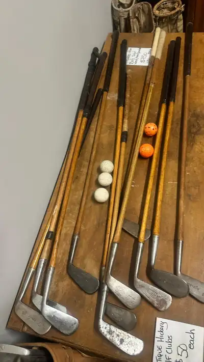 A rare find for collectors and golf enthusiasts! These original antique hickory-shaft golf clubs off...