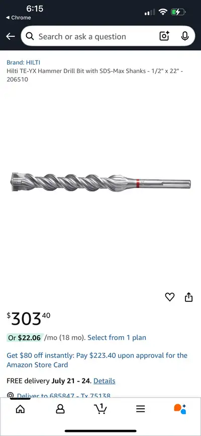 Hilti TE-YX Hammer Drill Bit with SDS-Max Shanks - 1/2" x 22" , View more