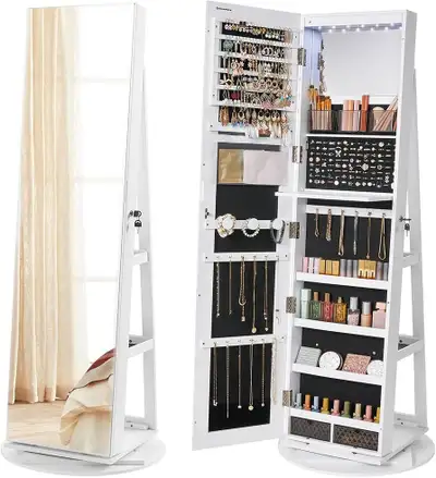 6 LEDs Mirror Jewellery Cabinet, 360° Swivel Jewellery Storage, View more