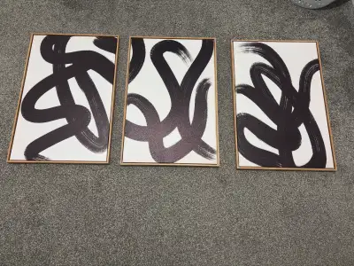 3 pc framed canvas wall art Measurements 24” x 16” each piece *Colour black and white, NATURAL WOOD...