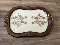 Vintage Needlepoint wood and brass tray