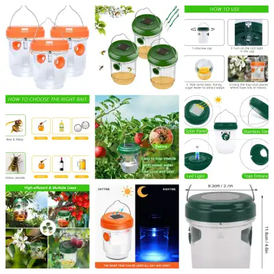 6 Solar Wasp Traps Hanging with LED Light. 3 Green & 3 Orange, View more