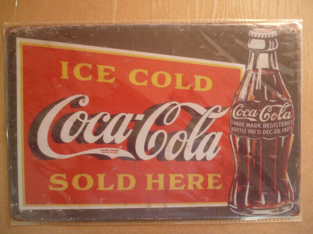 Ice Cold Coca Cola Sold Here tin Coke sign 11.5 x 8.75 inches in Arts & Collectibles in Peterborough