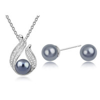 18K Gold Grey Pearl & Silver Necklace and Stud Earrings Set -New