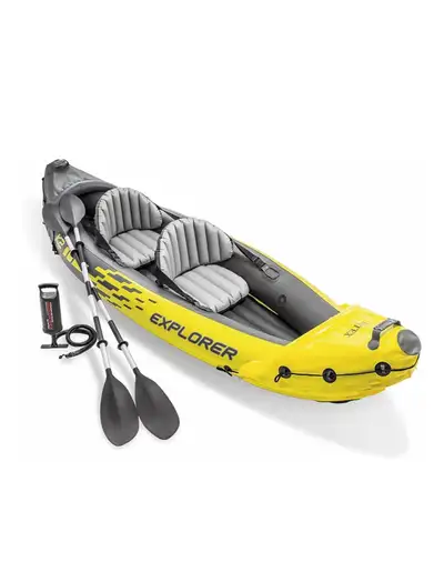 Fun compact inflatable 2 person kayak complete with pump, paddles and 2 life vests. Ready to go.