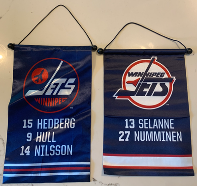 WINNIPEG JETS BANNERS TEEMU SELANNE BOBBY HULL $20 FOR BOTH CLEARING OUT AN ESTATE WITH LOTS OF JERS...