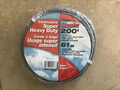 Clothesline super heavy duty 200 ft, 61 m. Strata. Rustproof, galvanized steel cable,, pvc coated, s...