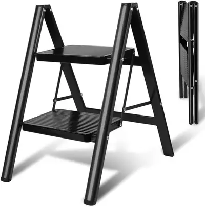 2 Step Ladder Folding Step Stool Black with Wide Anti-Slip Pedal, View more