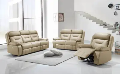 POWER RECLINER SET in Beige  Leather/Match With USB Charger., View more