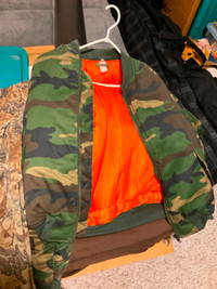 Large Camo/ Orange reversible coats, backpack, and