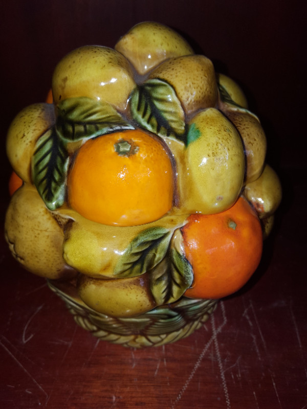VINTAGE Ceramic Cookie Jar Orange Spice Fruit Basket for sale  