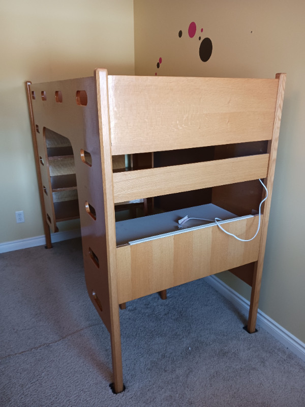 Handmade oak loft bed with desk and shelves – circa 1980s in Beds & Mattresses in Saskatoon - Image 2