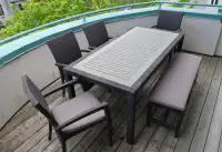 Wicker dining table, chairs and bench