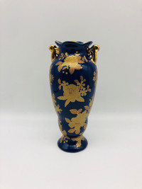 Vintage Cobalt Blue and Gold bud vase double handle