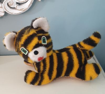 Vintage 1950s plush striped Tiger carnival prize - with gold and black plush fur, felt eyes, nose an...