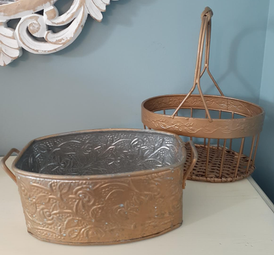 Pair bronze coloured metal/rattan handled planter and basket, View more