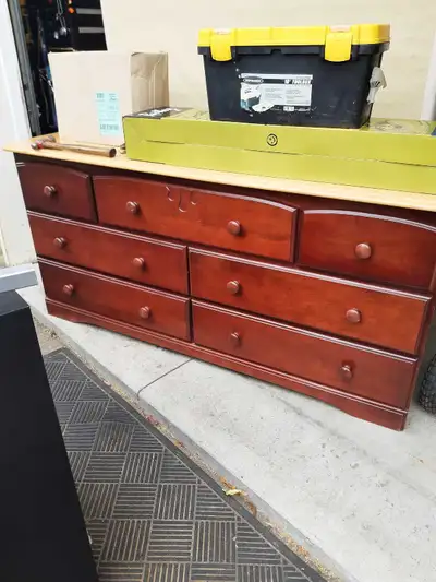 Dresser, mirror, headboard, mattress and boxspring, View more