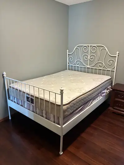 IKEA White Metal Double Bed Frame + Sealy Posturepedic Double Mattress & Box Spring – Excellent Cond...