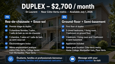 À LOUER – Beau grand logement dans un duplex – 2 700 $ / mois Saint-Laurent (Montréal), proche du mé...