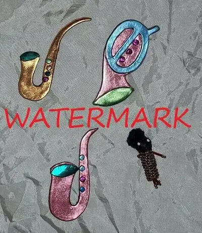FOUR Handmade Costume Jewelry Brooches: 1. Black Girl with Gold Beaded Body, & Articulated Plastic A...