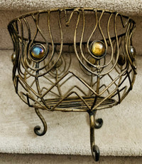 Pier 1 Metal Antiqued Brass Basket Peacock Feather Design