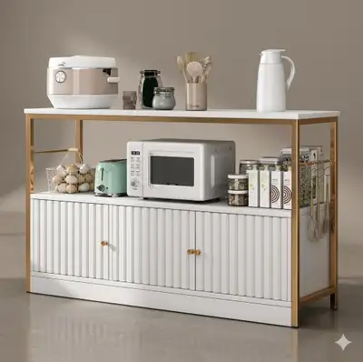 White & Gold Kitchen Baker’s Rack with Cabinet - 3-Tier Microwav, View more