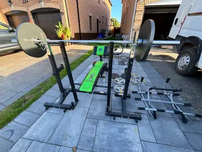 Home Gym Setup – Bench Press + Barbell + Weights (~200 lbs), View more