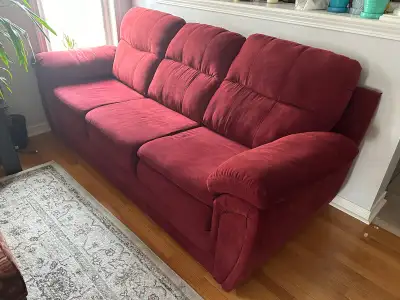 Maroon 3 seat couch for sale. Soft velvet texture with no known defects. Need gone as soon as possib...