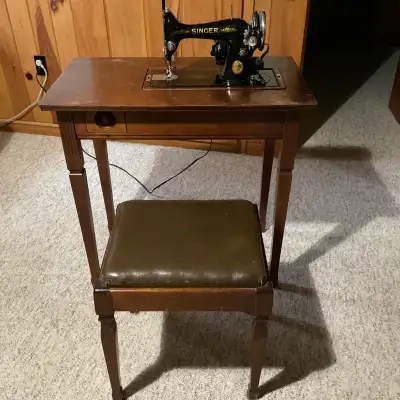 Antique Singer Sewing Machine in Cabinet with Stool, View more