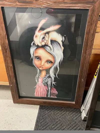 Angelina Wrona art prints in custom glass and wood frames. Bunny couture 29-40.5”-1-1/2” thick grain...