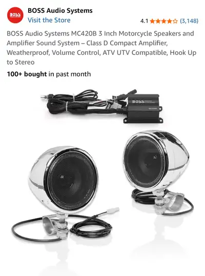 Pump up the volume with this Boss Audio Systems MC420B 3-inch motorcycle speaker and amplifier sound...