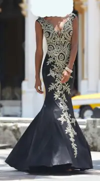 Black Taffeta Gown with Gold Metallic Embroidery