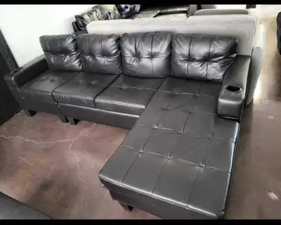 Black Leather Sectional Sofa, Brand New + Free Delivery , View more