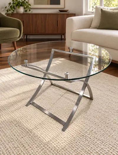 Round Glass Coffee Table with Stainless Steel Base – 32”, View more